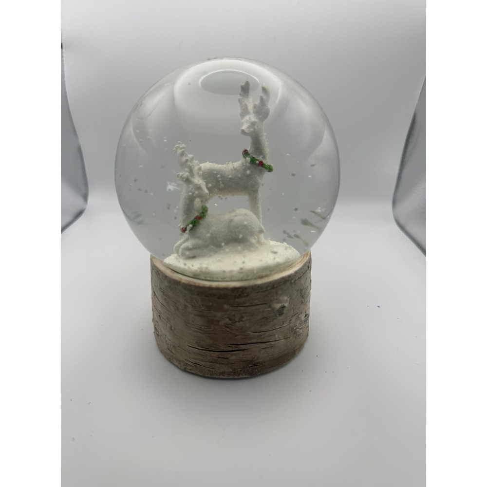 White Reindeer Snow Globe with Faux Birch Wood Base Christmas Holiday Decor